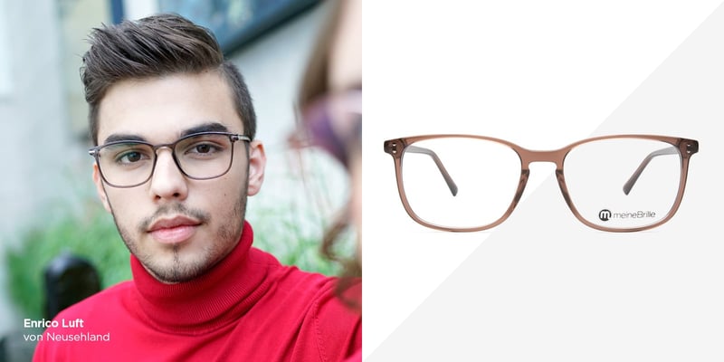 Porträt eines Mannes mit Brille neben der Abbildung des getragenen Brillenmodells