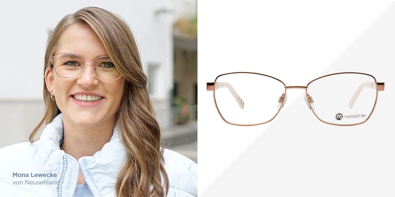 Frau trägt eine Metallbrille, daneben das Brillenmodell in Frontalansicht