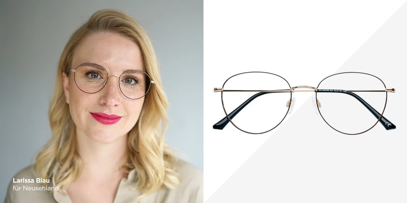 Porträt einer Frau mit Brille neben der Abbildung des getragenen Brillenmodells