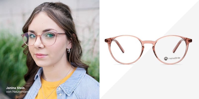 Junge Frau mit transparenter Brille neben der Abbildung des getragenen Brillenmodells