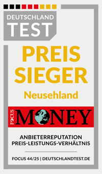 Siegel „Deutschlandtest Preissieger 2025" für Neusehland von Focus Money.