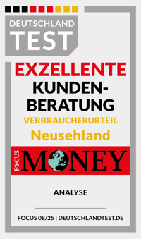 Siegel „Deutschlandtest Exzellente Kundenberatung 2025" für Neusehland, Focus Money.