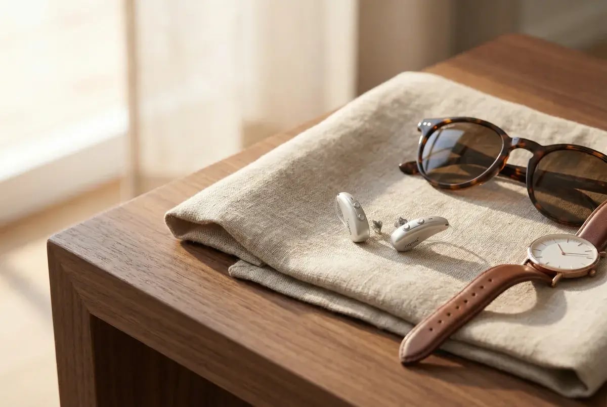 Zwei perlweiße Hörgeräte auf einem Leinentuch, daneben Sonnenbrille und Armbanduhr auf Holztisch