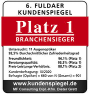 Auszeichnung "6. Fuldaer Kundenspiegel – Platz 1 Branchensieger" mit Bewertungsdetails