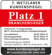 Auszeichnung "7. Wetzlarer Kundenspiegel": Platz 1 Branchensieger, 88,7% Zufriedenheit