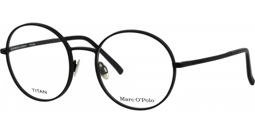 Runde Brille mit mattschwarzem Titanrahmen und Schriftzug Marc O'Polo.