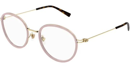 Runde Brille mit rosafarbenem Rahmen und goldfarbenem Metallgestell.