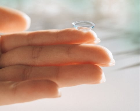 Hand hält eine Kontaktlinse von Neusehland